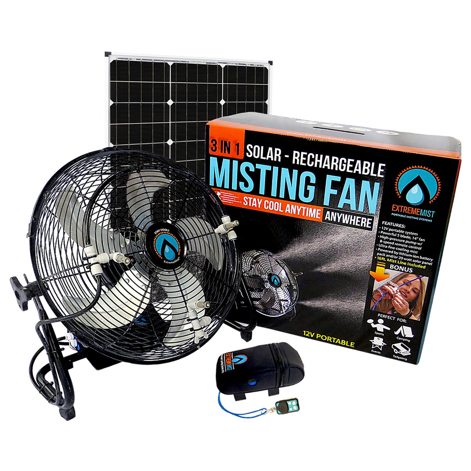 ExtremeMIST 3-in-1 Solar Rechargeable Portable Misting Fan with Solar Panel on Q3Box.com