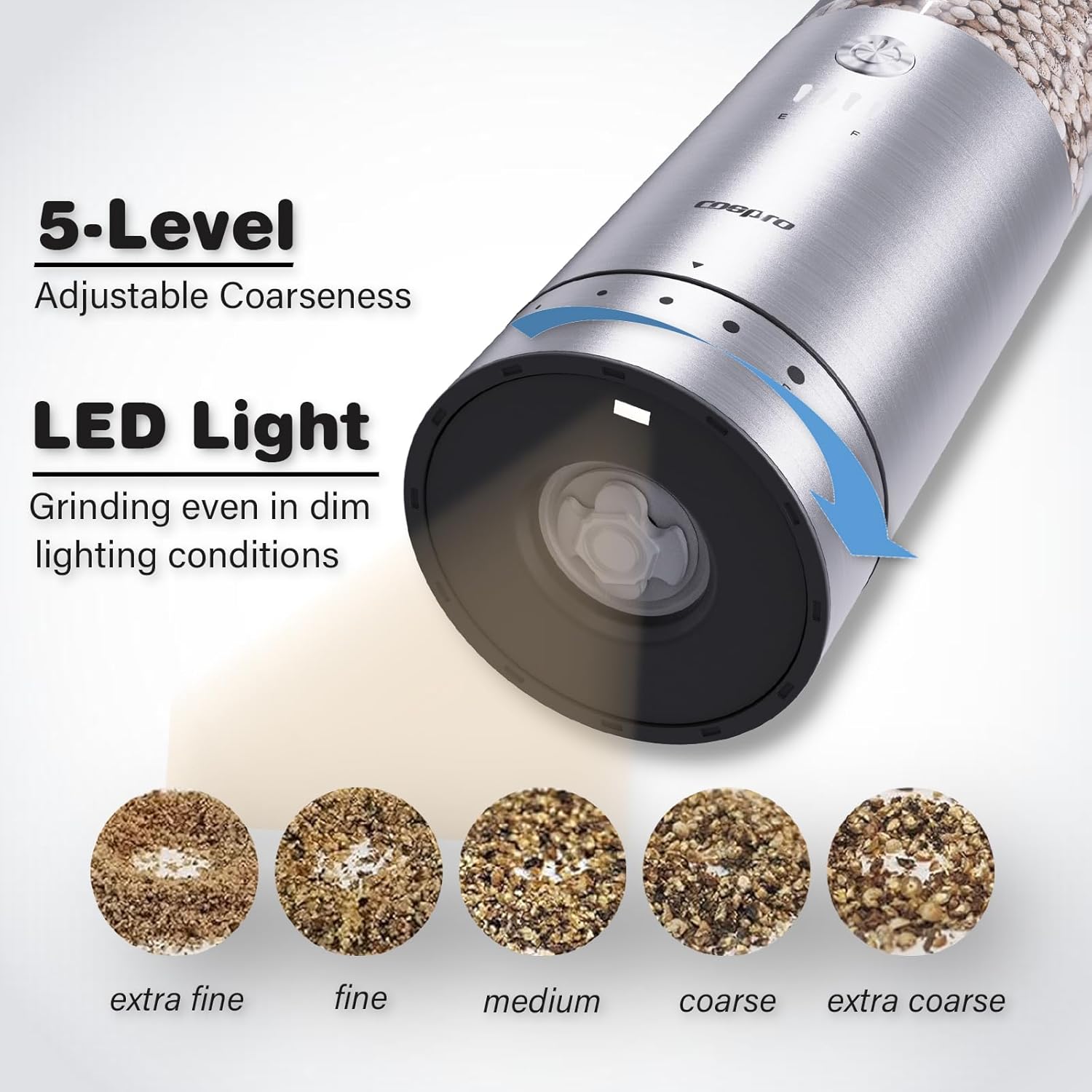 Easy-To-Adjust 5-Level Coarseness With LED Light