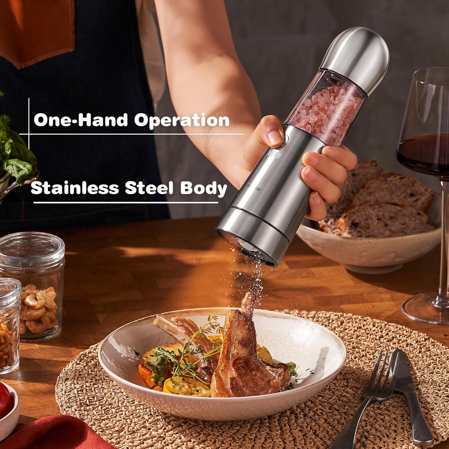 One-hand one-button grinding operation with stainless steel body - CosPro Electric Salt and Pepper Grinder