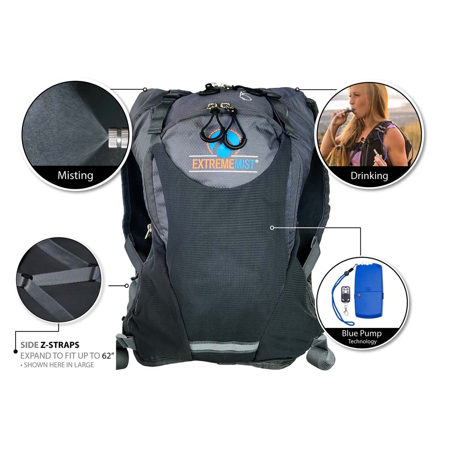 ExtremeMIST Gray Misting & Drinking Hydration Backpack on Q3Box.com - waterproof backpack, hydration backpack, water hydration packs, water backpack hiking, hydration backpack mountain bike