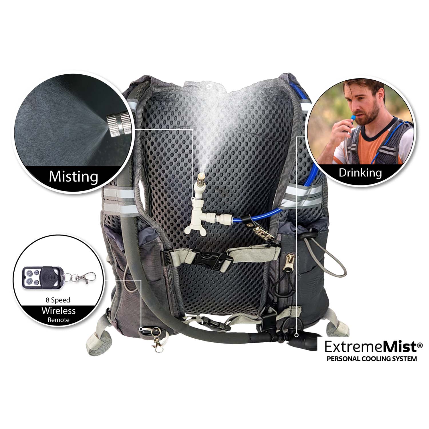 ExtremeMIST Gray Misting & Drinking Hydration Backpack on Q3Box.com - waterproof backpack, hydration backpack, water hydration packs, water backpack hiking, hydration backpack mountain bike